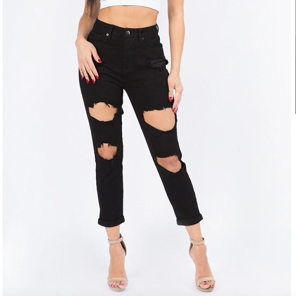 American Bazi Jeans Mom High Rise Black Distressed Casual Trendy